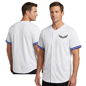 Men's <b>White</b> Baseball Jersey Short Sleeve V-Neck Embroidered Logo Moisture Wicking Polyester Regular Fit - Product Image 2