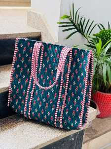 <b>Quilted</b> Cotton Tote Bag Floral Block Print Lightweight Large Capacity Shoulder <b>Handbag</b> for Shopping Travel - Product Image 2