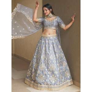 Impresionante espejo de papel gris Trabajo Seda Diseñador Lehenga Choli Con Dupatta - Product Image 6