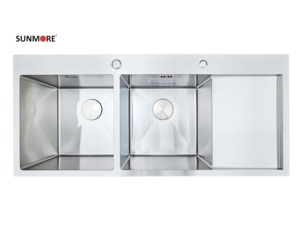 Grand Évier de Cuisine Fait Main Table à Double Cuvette en Acier Inoxydable 304 Deux Trous Finition Satinée Brossée Design Moderne Usine du Vietnam - Product Image 5