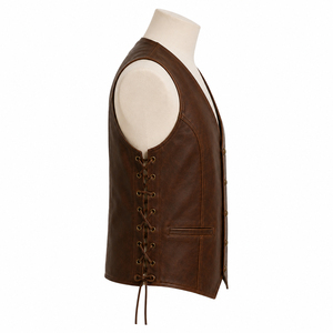 Custom Logo And Design Men's <b>Brown</b> Genuine Leather <b>Vest</b> V-Neck Single Breasted Adjustable Waist Pockets Autumn Winter Outerwear - Product Image 3