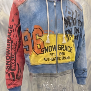 Sweat-shirt à capuche zippé Snowgrace en molleton bouclette coupe courte imprimé devant unisexe streetwear automne 100% coton manches raglan - Product Image 5