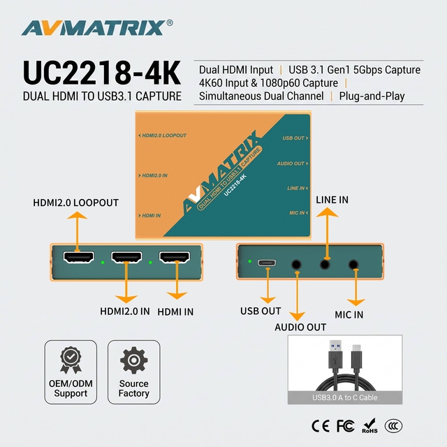 AVMATRIX UC2218-4K 4K 60 Video Capture Card with Dual Input/Loopout for 2.0 USB3.0 Type-C Ports Plug&Play for Windows/Linux/Mac