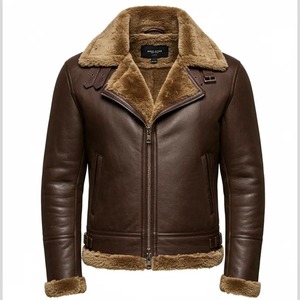 Veste en cuir marron pour homme, style aviateur classique, manteau d'hiver en véritable peau de mouton, veste de motard, veste bomber à col en fourrure chaude - Product Image 1