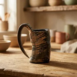 Chope à bière en corne de buffle Viking, faite à la main, en corne naturelle, style rustique médiéval, avec poignée, pour bar à domicile, fête, festival - Product Image 5