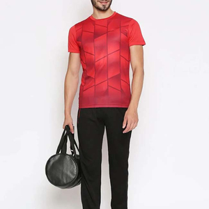 T-shirt à manches courtes pour homme, motif géométrique rouge, coupe ajustée, séchage rapide, sportif, col rond, tricoté en polyester - Product Image 1