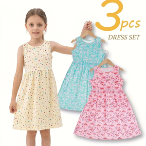Girls 3pcs Sleeveless Cotton Dress Set Printed Floral Butterfly Pattern O-Neck Casual Summer Wear 100% Cotton Eco-Friendly - Product Image 1