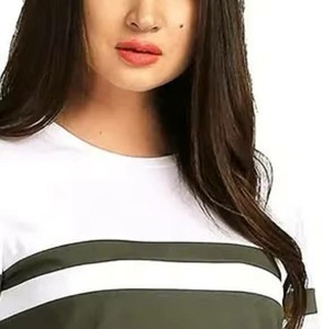 T-shirt à col rond à manches courtes pour femme, à rayures colorées, coupe classique, tricoté, décontracté, toutes saisons, vert et blanc, service OEM - Product Image 3