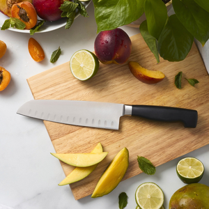 Black Handle Santoku <b>Knives</b> with Silver Broad Blade Oval Indentations and Silver Bolster for Fruit <b>Slicing</b> Vegetable Chopping - Product Image 6