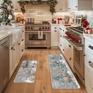Set di 2 tappetini da cucina natalizi con albero di cervi e fiocchi di neve, decorazioni invernali a basso profilo 17x29 1 - Product Image 2