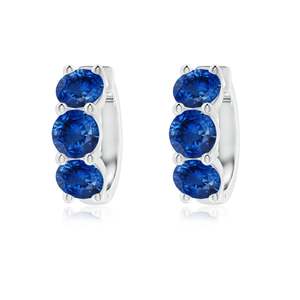 Natural Round Blue Sapphire Three Stone Huggie Hoop <b>Earrings</b> 14kt White Gold <b>Fine</b> Jewelry for Women Wholesale Gift for Fiance - Product Image 2