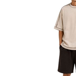 Beige And Dark Brown Mens Oversized <b>T</b> <b>Shirt</b> And Shorts Set Customized Logo Contrast Stitching Casual Streetwear Two Piece Set - Product Image 3