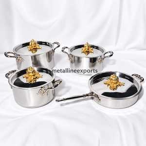 4 Pcs High Polish Stainless Steel Cookware <b>Set</b> Lotus Floral Finial Knob Saucepan Casserole Frying <b>Pan</b> <b>Set</b> Cooking Pot - Product Image 4