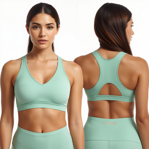Sujetador deportivo sólido para mujer con cuello redondo y espalda cruzada, soporte medio, transpirable, sin costuras, de malla de elastano/poliamida, top de yoga y fitness. - Product Image 1