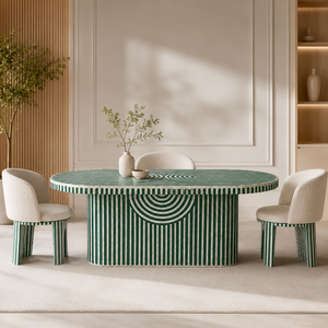 Table à manger ovale en bois massif rayée vert et blanc, style moderne géométrique, pour îlot de cuisine ou salle à manger - Product Image 4