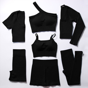 Conjunto de Yoga Acanalado Sólido para Mujer, 6 Piezas, Cintura Alta, Transpirable, Ropa Deportiva para Fitness, Azul, Spandex, Poliéster - Product Image 3