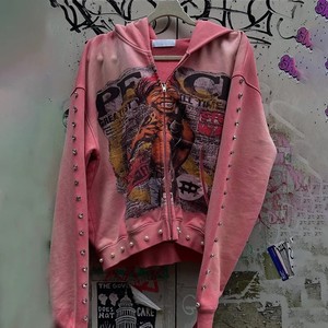 Hoodie court rose avec détails en strass, imprimé graphique, style streetwear, coupe ample unisexe, vêtement d'automne - Product Image 2