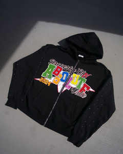 Sweat à capuche zippé oversize imprimé sur mesure pour hommes Sweat-shirt d'hiver 100% coton avec motif imprimé de lettres en strass - Product Image 4