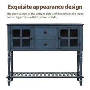 Antique Navy Farmhouse Wood/Glass Console Sideboard with Bottom Shelf Buffet Storage Cabinet for Living Room - Product Image 4
