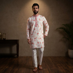 <b>Men</b> White Red Printed <b>Kurta</b> Pajama Set Regular Fit Traditional Indian Pakistani Knee-Length Cotton Casual Wear - Product Image 2