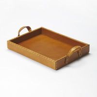 Plateau décoratif rectangulaire en cuir orange de luxe, personnalisable, avec poignées, design rustique, finition vieillie antique, décoration moderne