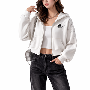 Sweat-shirts à strass tendance et élégants, sweat-shirt à fermeture éclair de haute qualité, sweat-shirt court à strass tendance pour femmes, fournisseur OEM - Product Image 1