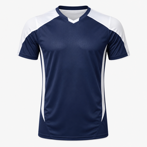 เสื้อฟุตบอลคอวีแขนสั้นสำหรับผู้ชาย ผ้าโพลีเอสเตอร์ซับเหงื่อ ระบายอากาศได้ดี ทรงแอธเลติก สีน้ำเงินขอบขาว เหมาะกับทุกฤดูกาล - Product Image 1