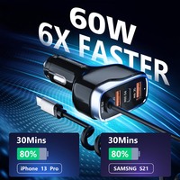 Chargeur de voiture USB C 3 en 1 SUNDA 71W avec câble Type C enroulé, adaptateur de charge rapide PD 30W QC3.0, chargeur pour voiture universel