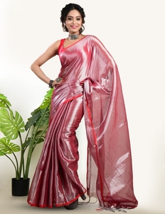 KV Women's <b>Red</b> Tissue Woven Handloom Saree Without <b>Blouse</b> - Product Image 1