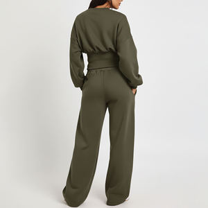 Conjunto Deportivo de Dos Piezas para Mujer, Color Verde Oliva, Tejido de Punto, Manga Larga, Cuello Mao, Corte Holgado, Color Sólido, Estilo Casual - Product Image 3