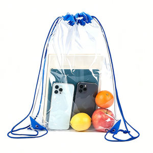 Clear Drawstring <b>Backpack</b> With Blue Trim <b>Medium</b> Capacity Plastic Bag Simple Style Multi-Purpose Use - Product Image 3