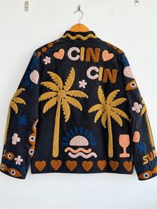 Veste en coton noir brodée ethnique avec motif floral palmier coucher de soleil, manches longues, col montant, vêtement d'extérieur d'hiver pour femme - Product Image 2