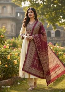 Women's Cream Cotton Salwar Kameez Cotton Beautiful Heavy Embroidery Sequence Adda Work <b>Top</b> & Cotton Pant With Printed Dupatta - Product Image 2