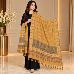 Châle long en laine rose pâle de qualité supérieure pour l'automne, style musulman, doux et agréable au toucher, avec un magnifique motif floral et une bordure somptueuse. - Product Image 4