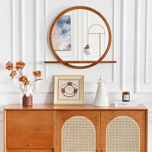 Modern <b>Round</b> Wooden Wall <b>Mirror</b> with Floating Shelf Decorative Living Room <b>Bathroom</b> Vanity <b>Mirror</b> - Product Image 2