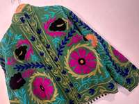 Blouson Bomber Rose en Velours Tricoté Brodé Suzani Style Hippie Vintage Hiver Chaud Respirant Écologique Matelassé Lettre