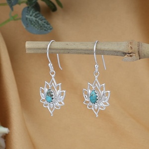 Pendientes colgantes de flor de loto turquesa tibetana natural, joyería étnica bohemia de plata de ley 925, pendientes de piedras preciosas para mujer - Product Image 4