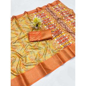 DESIGNER DOLA SILK DIGITAL PRINT WORK SAREE AVEC CHEMISIER NON COUDU JAUNE - Product Image 1
