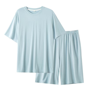 Men's <b>Light</b> Blue Short Sleeve Set Knitted Cotton Solid Color Casual Sleepwear Summer Breathable Soft Fabric Two Piece - Product Image 1