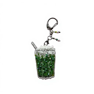 Handmade Beaded Keychain Green Drink With White <b>Foam</b> Rectangular <b>Shape</b> Jewelry Accessory - Product Image 1