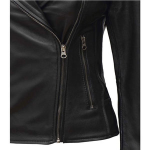 Black Asymmetrical 100% Real Lambskin Leather Motorcycle <b>Jacket</b> for Women Slim-Fit Classic Lapel Collar - Product Image 4
