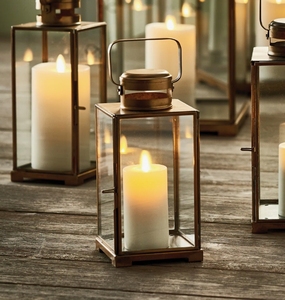 <b>Antique</b> <b>Brass</b> Finish Metal Glass Candle Lantern-Rectangular Pillar Candle Holder Handle Indoor Outdoor Home Decor Handmade - Product Image 1
