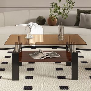 Tavolino da Caffè Moderno Rettangolare in Vetro Marrone con Piano in Vetro Temperato e Strato in MDF - Product Image 1