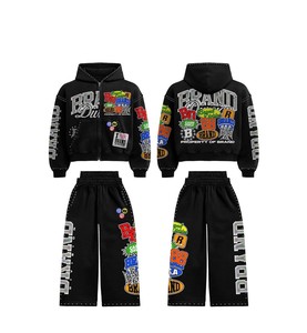 Ensemble survêtement TAHAD personnalisé avec broderie graphique, pantalon de survêtement évasé ample et sweat à capuche imprimé de haute qualité, survêtement marron - Product Image 2