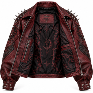Studded Spiked Red Leather <b>Jacket</b> Gothic Graphic Print <b>Womens</b> Point Collar Zip Pocket Bomber Coat Custom Factory Service Provide - Product Image 5