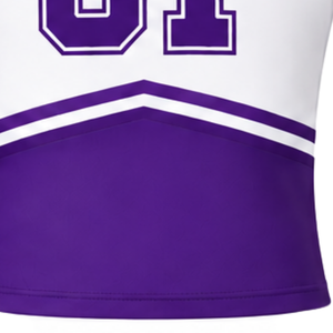 Haut d'uniforme de cheerleading violet et blanc sans manches à col en V pour performance de danse d'équipe, tenue de sport athlétique de compétition - Product Image 6