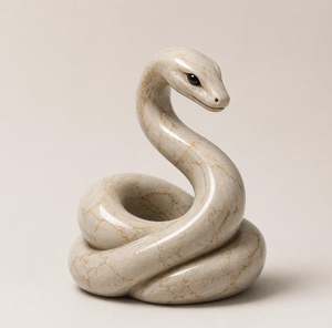 Smooth marble sculpture of a coiled serpent with fine brown veining details and dark eyes. - Product Image 1