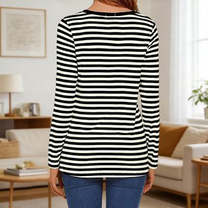 T-shirt à manches longues pour femme en coton 100% avec logo personnalisé OEM, rayé, doux, décontracté, col rond, avec poche, tee-shirt basique 180 GSM - Product Image 4