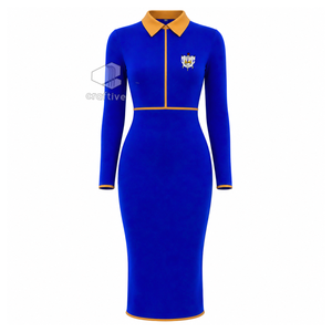 เดรสทรงบอดี้คอนสีน้ำเงินสำหรับผู้หญิง ยี่ห้อ Sigma Gamma Rho พร้อมปกโปโลสีทองตัดกัน ซิปยาวครึ่งตัว แขนยาว ทรงเข้ารูป สไตล์ลำลอง - Product Image 1