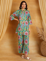 Ensemble deux pièces en coton imprimé bohème pour femmes, tunique longue et pantalon avec col mandarin, manches trois quarts, coupe ample, printemps été